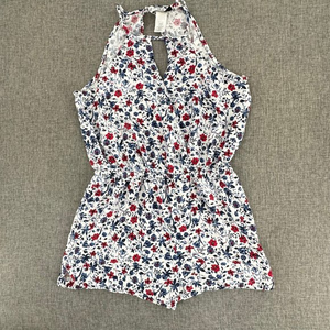 Joe B Floral Romper Sleeveless Cinched Waist Keyhole Neckline Large White Red Bl